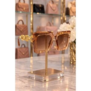 Sunglasses Women Taupe & Gold Big Rectangle Luxury Vintage Shades UV400